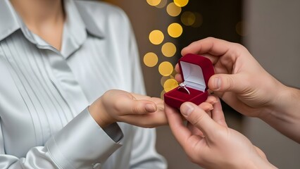 Romantic proposal moment with engagement ring and bokeh lights
