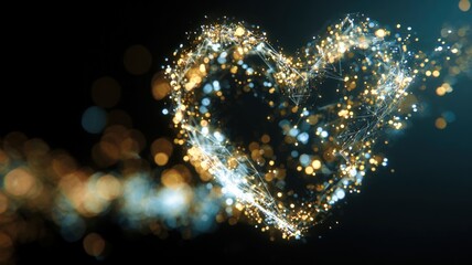 Abstract Golden Heart Formed by Digital Network Particles and Lines