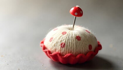 Whimsical Tart-Shaped Pincushion with Mushroom Pin &ndash; Creative Sewing Accessory for Craft and DIY Themes