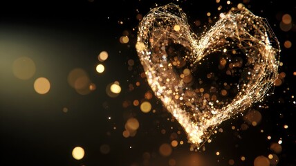 Geometric Golden Wireframe Heart Floating in Digital Sparkles
