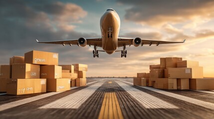 Airplane taking off with cargo boxes on runway. Global logistics, export, and import concept for fast delivery and transportation.
