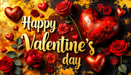 Valentinstag Grußkarte mit roten Rosen und glitzernden Herzen auf golden-rotem HintergrundSchlagworte: Valentinstag, Grußkarte,
