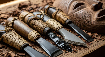 Collection of ancient-style stone and obsidian tools with wooden handles and twine next to a tribal wooden mask