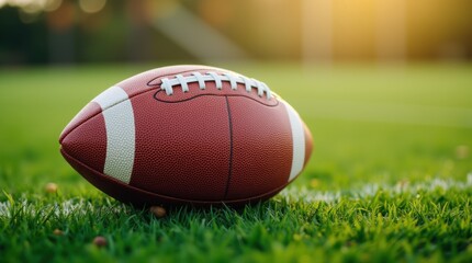 Fototapeta premium Close up shot of a brown leather football ball on grass football field American football 