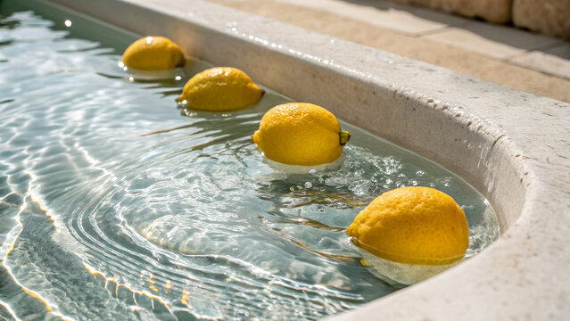 Lemons floating in shallow, crystal-clear spring water with natural ripples