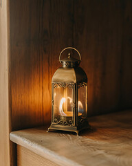 Small vintage brass lantern with intricate details and clear glass holding a flickering oil lamp flame