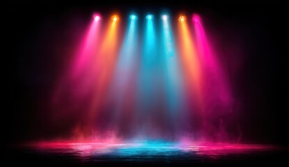 Colorful stage lighting effects against a dark background for performance use