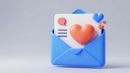 A voluminous blue envelope with hearts and a message icon on a gradient gray background in bright colors, symbolizing Valentine's Day