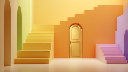 Colorful stairs leading to a golden door in a minimalist architectural design