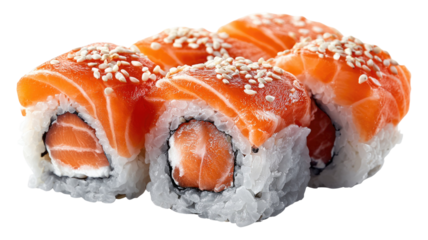 Fresh maki sushi roll with salmon and caviar on a white background, featuring traditional Japanese raw fish and rice for a healthy gourmet seafood meal isolated for a fresh dinner cuisine
