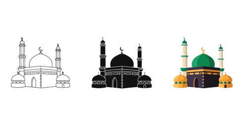 Mosque Icons Vector Set in Three Styles &mdash; Line Art, Silhouette and Color Version for Islamic Design, App UI, Posters and Branding