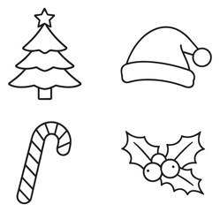 Fototapeta premium Line art Christmas symbols set featuring a tree, Santa hat, candy cane and holly for festive designs