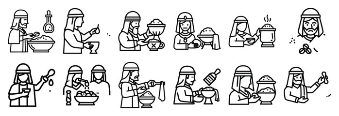 biblical sacrifice preparation Outline Icon Set. Maundy Thursday line art icons