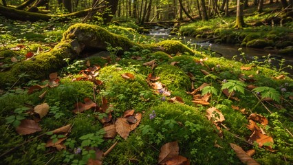 Vibrant forest floor covered in green moss and wildflowers during spring. A small stream flows through a sunlit woodland