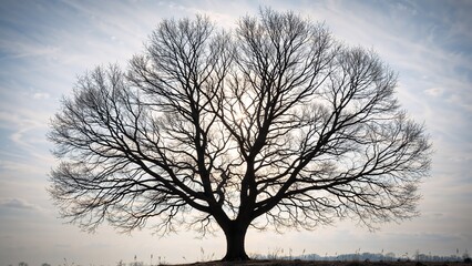 Dramatic silhouette of a large solitary tree in winter. Bare branches against a bright backlit sky with the sun shining through