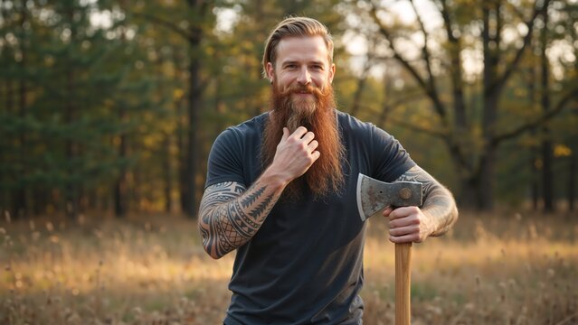Portrait of a smiling man with a long red beard and tattoos holding an axe. A confident and rugged lumberjack standing in a forest at sunset