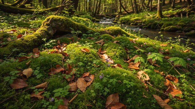 Vibrant forest floor covered in green moss and wildflowers during spring. A small stream flows through a sunlit woodland - Powered by Adobe