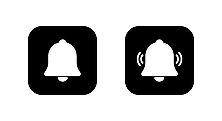 Bell icon in black square. Sound alert and reminder notification symbol