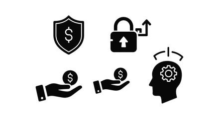 Security finance and innovation icons depicted as a bold striking black silhouette