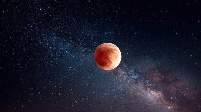 Red blood moon in a star-filled sky. Lunar eclipse phenomenon in night space with milky way galaxy. Celestial event astronomy concept art background. - Powered by Adobe