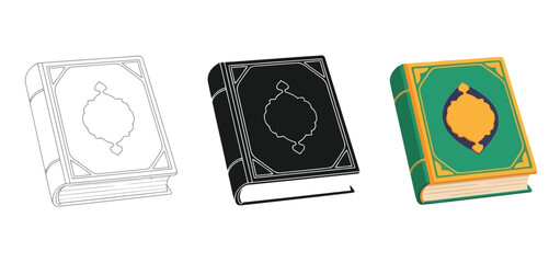 Holy Books Vector Set in Three Styles &mdash; Line Art, Silhouette and Color Version for Islamic Design, App UI, Posters and Branding