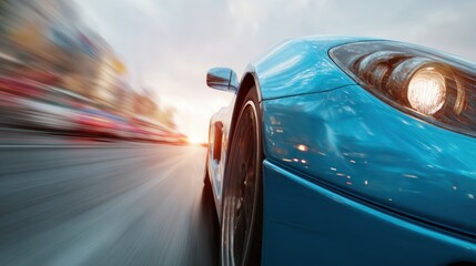 Blue sport car on road with blurred motion effect. Speed and fast movement concept. For transportation, automotive, and racing design.