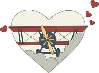 Retro biplane aircraft inside a heart frame with clouds and mini hearts. Vintage 1930s style aviation vector illustration, old school tattoo aesthetic for romantic projects © Nika