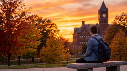 Student Sitting on a Stone Bench Watching Beautiful Sunset Over Campus Clocktower in Autumn