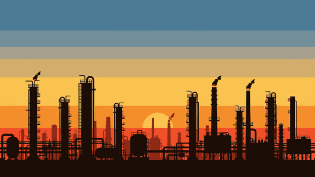 Oil Refinery Industrial Plant Silhouette at Scenic Sunset with Orange and Blue Sky
