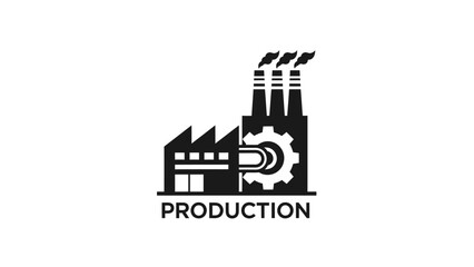 Naklejka premium Industrial Production Factory Icon with Gear and Smoke Stacks on Isolated White Background