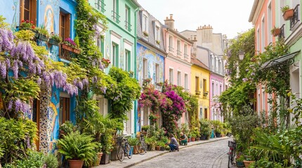 Fototapeta premium Picturesque Colorful Houses Adorned With Flowers on a Cobbled Street in a Charming Neighborhood