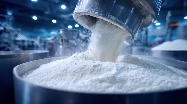 White Powder Pouring into Vat in Industrial Production Facility