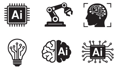 Modern artificial intelligence icons set featuring microchips, a robotic arm, human head, lightbulb, and brain illustrations for digital transformation and futuristic design projects