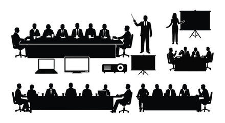 Business meeting in progress with a presenter and attendees bold black silhouette