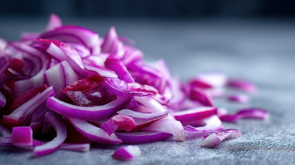 Close-up of a pile of sliced red onion on a dark surface, ready for cooking or salad preparation. Fresh vegetable concept.