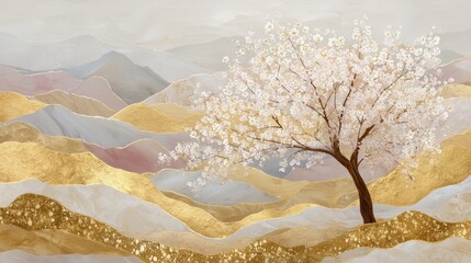 Blooming tree with white flower on abstract gold and watercolor mountain landscape background for modern art, wallpaper, mural, or print design.