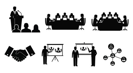 Business meeting presentation and networking icons in a stark black and white silhouette
