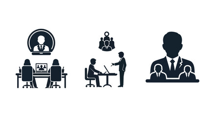 Business meeting icons showcasing collaboration leadership and professional communication a dark silhouette