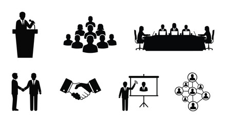 Business meeting icons depicting presentations networking collaboration and team structures silhouette