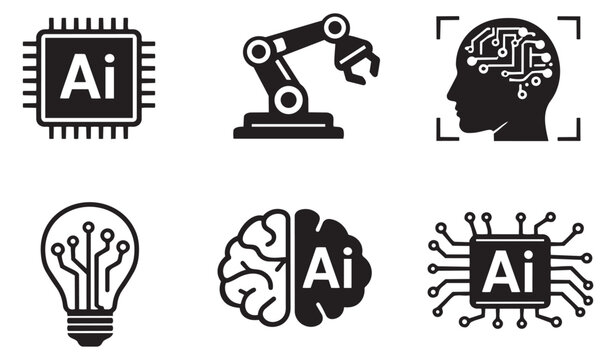 Modern artificial intelligence icons set featuring microchips, a robotic arm, human head, lightbulb, and brain illustrations for digital transformation and futuristic design projects