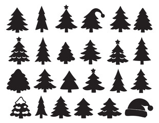 Fototapeta premium Silhouette Christmas tree set featuring various festive shapes and a Santa hat for holiday designs