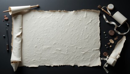 Blank Handmade Paper Scroll with Tools and Materials in a Creative Workspace Layout