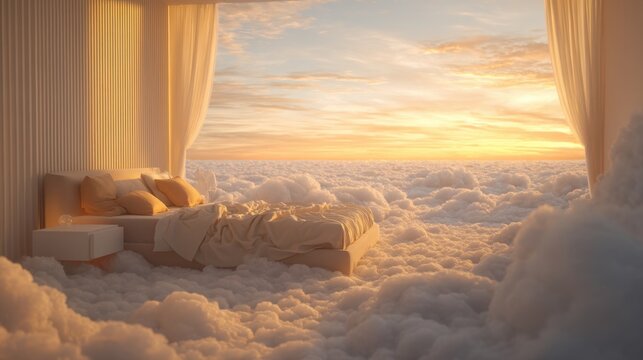 Dreamy bedroom in the sky surrounded by soft clouds at sunset, inspiring a peaceful rest and celestial slumber. Imaginative concept for sleep and comfort.