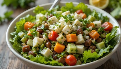 Fresh Colorful Salad with Cucumbers Tomatoes and Cheese Garnished with Parsley in a Bowl