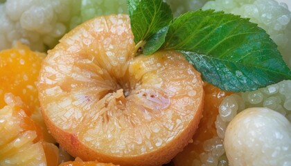 Close-Up of Freshly Sliced Juicy Fruit Salad with Green Apple Slice and Mint Leaf Garnish