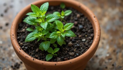 Close-Up of Fresh Mint Plant Growing in Terracotta Pot on Rustic Tabletop