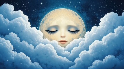 Ethereal Portrait of a Serene Moon Emerging from Soft Clouds Under a Starry Night Sky