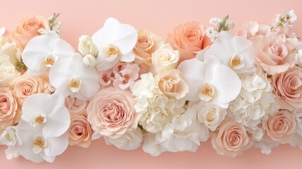 Elegant Pastel Floral Arrangement with White Orchids, Peach and Pink Roses on a Soft Pink Background