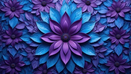 Vibrant Blue and Purple Floral Pattern with Abstract Leaves and Petals in Decorative Design