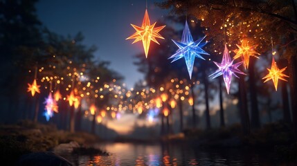 Glowing star ornaments illuminate a serene forest scene at twilight with reflections on water